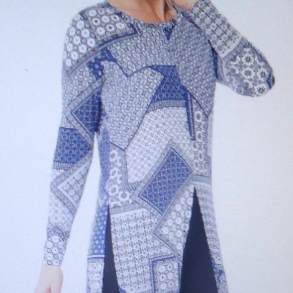 Cuddl Duds Stretch Split Tunic NAVY PATCHWORK Sz L - Picture 1 of 2